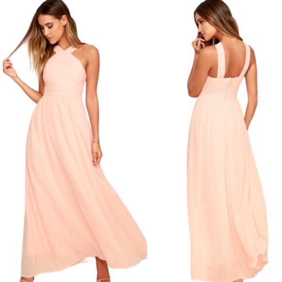 Lulu’s Evening Gown Halter Neck Maxi Sleeveless Chiffon Peach Pink Women’s Large - Picture 1 of 14